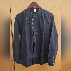 Mandarin Henley, hemp and cotton, navy blue